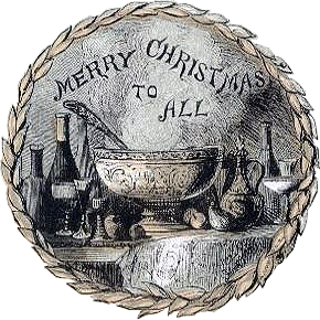 A festive punch bowl and table arrangement, with the greeting, 'Merry Christmas to all', above it.