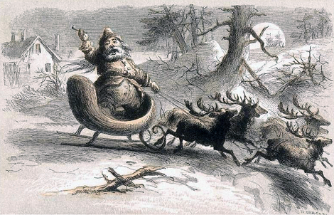 Saint Nicholas leaving the house in his sleigh, wishing a Happy Christmas to all.